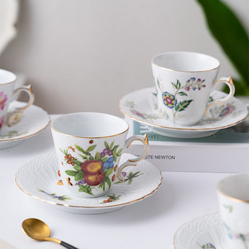 Европейска керамика във френски придворен стил Флорална златна креативна чаша за кафе и чинийка Комплект чаша за следобеден чай и чинийка
