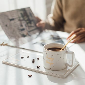 Creative Nordic Marble Ceramic Cup, Golden Trim Coffee Cup Set, Marble Cup με πιάτο και κουτάλι, 230ml