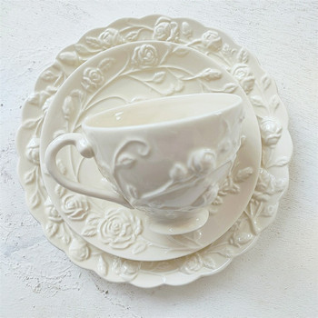 European Coffee Pouchers Ceramic Flower Relief Κούπα Νερό Καφέ Γάλα Δίσκος Τσάι Φλιτζάνια Σετ επιδόρπιο Πιάτο Κούπες Πρωινού Επιτραπέζια σκεύη