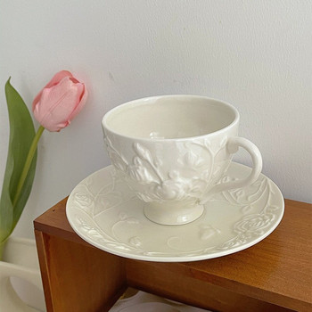Европейски чаши за кафе Чинийки Керамични релефни цветя Кафе Вода Мляко Чаша Чай Подноси Комплект чаши Десертна чиния Чаши за закуска Сервии