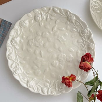 European Coffee Pouchers Ceramic Flower Relief Κούπα Νερό Καφέ Γάλα Δίσκος Τσάι Φλιτζάνια Σετ επιδόρπιο Πιάτο Κούπες Πρωινού Επιτραπέζια σκεύη