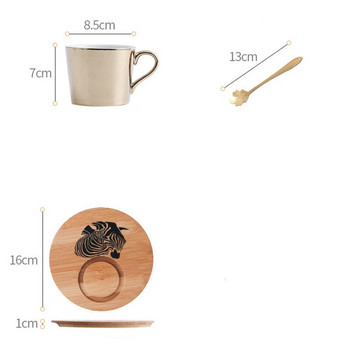Творческа керамична златна огледална чаша за кафе с дървена чинийка и лъжица Чаша за вода Чаша за закуска Мляко, подарък за рожден ден