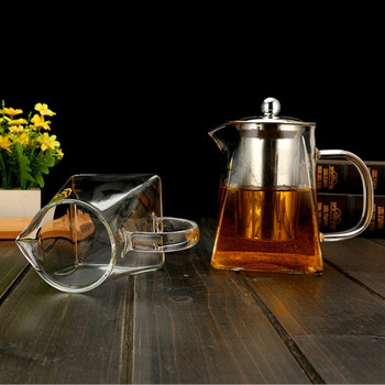 Топлоустойчив стъклен чайник с инфузер от неръждаема стомана Отопляем контейнер Чайник Добър прозрачен чайник Квадратни филтърни кошници
