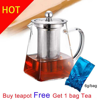 Ceainic din sticlă rezistentă la căldură cu infuzor din oțel inoxidabil Recipient încălzit ceainic ceainic bun fierbător transparent coșuri cu filtru pătrat