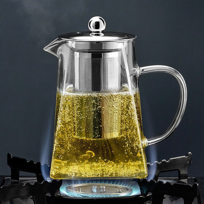 Seturi de ceai Kung Fu Ceainic din sticlă rezistentă la căldură cu infuzor din oțel inoxidabil Recipient încălzit Ceainic ceainic transparent Filtru pătrat