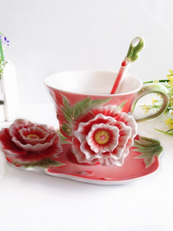 Creative Peony Ceramic Coffee Cup Dish Poon Bone China Υψηλής ποιότητας Φλιτζάνι καφέ Πολύ εκλεκτό πολυτελές και όμορφο