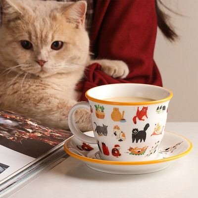 2022 Нова сладка котка Керамична чаша Кафе Мляко Чаши Комплект с чинийка Чай Вода Чаши Личност Офис Дом