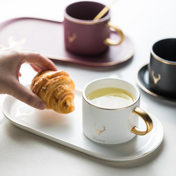 Европейски луксозни керамични златни ръбове Чаши за кафе и чинийки Комплекти лъжици с подаръчна кутия Чай Соево мляко Чаши за закуска Десертна чиния