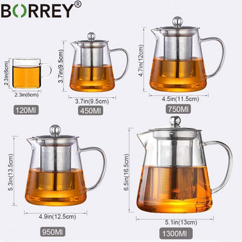 BORREY тенджера за запарване на чай Топлоустойчива стъклена кана за чай Чаша с филтър Цвете кана за чай Oolong Puer чайник Стъклена кана за кафе 1300 мл
