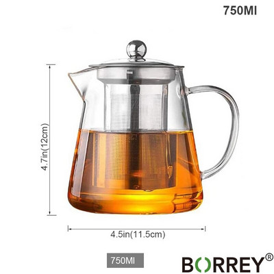 BORREY arbatos infuzinis puodas Karščiui atsparus stiklinis arbatinukas su filtru, gėlių arbatos puodelis Oolong Puer Kettle stiklinis kavos arbatos indas 1300 ml