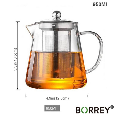 BORREY arbatos infuzinis puodas Karščiui atsparus stiklinis arbatinukas su filtru, gėlių arbatos puodelis Oolong Puer Kettle stiklinis kavos arbatos indas 1300 ml