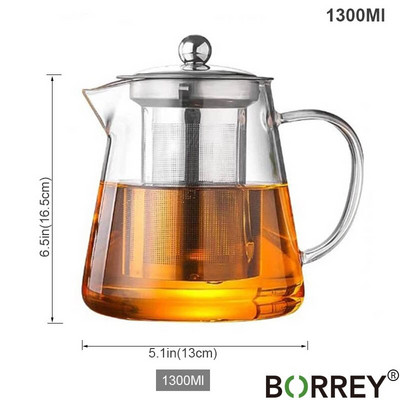 BORREY arbatos infuzinis puodas Karščiui atsparus stiklinis arbatinukas su filtru, gėlių arbatos puodelis Oolong Puer Kettle stiklinis kavos arbatos indas 1300 ml