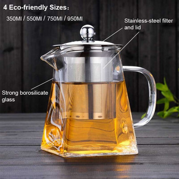 BORREY Топлоустойчив стъклен чайник с филтър за чай от неръждаема стомана Чайник за чай с цветя Чайник Kung Fu Чайник Puer Oolong