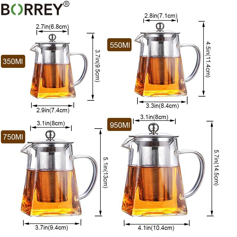 Ceainic din sticlă rezistentă la căldură BORREY, cu filtru de infuzor de ceai din oțel inoxidabil, ceainic cu flori, ceainic Kung Fu, ceainic Puer Oolong