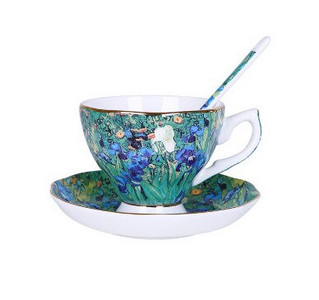 Fine Bone China teetassi ja alustassi komplekt, kuulsa maaliga Starry Night päevalillega maalitud, Hiina teetassid lusikaga, 200 ml