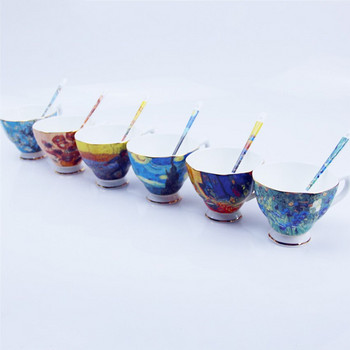 Комплект чаша за чай и чинийка от фин костен порцелан, с известна картина „Звездна нощ“, рисуван със слънчоглед, китайски чаши за чай с лъжица, 200 ml