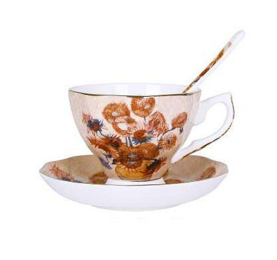 Fine Bone China teetassi ja alustassi komplekt, kuulsa maaliga Starry Night päevalillega maalitud, Hiina teetassid lusikaga, 200 ml