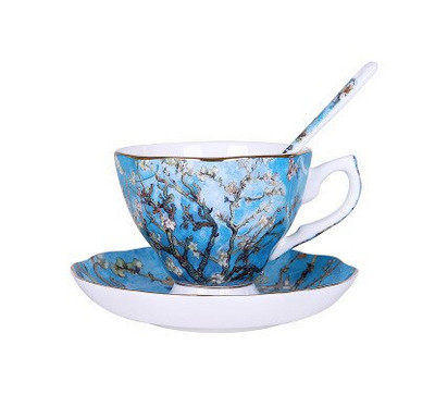 Fine Bone China teetassi ja alustassi komplekt, kuulsa maaliga Starry Night päevalillega maalitud, Hiina teetassid lusikaga, 200 ml