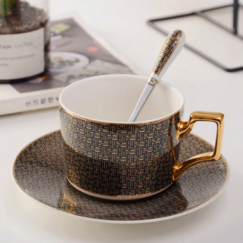 Винтидж керамична чаена чаша Британска чаша за кафе с комплект лъжица и чинийка, 220 мл чаена чаша за кафе, мляко, решетка, райе