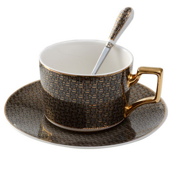 Винтидж керамична чаена чаша Британска чаша за кафе с комплект лъжица и чинийка, 220 мл чаена чаша за кафе, мляко, решетка, райе
