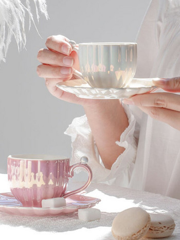 Cutelife White Pearl Shell Керамична чаша за кафе Комплект за декорация на дома Десерт Мляко Чаша за чай Чинийка Ретро малка чаша за многократна употреба