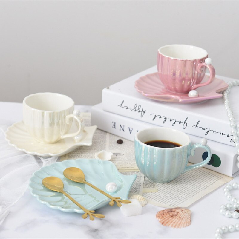 Cutelife White Pearl Shell kerámia kávéscsésze szett lakberendezési desszert tejes tea csésze csészealj Retro kis újrafelhasználható ivópohár