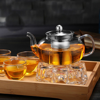600/800 мл топлоустойчив стъклен чайник Чайник с цветя Чайник Кафе Кафе Чайник Комплект съдове и прибори Цедка от неръждаема стомана Чайник