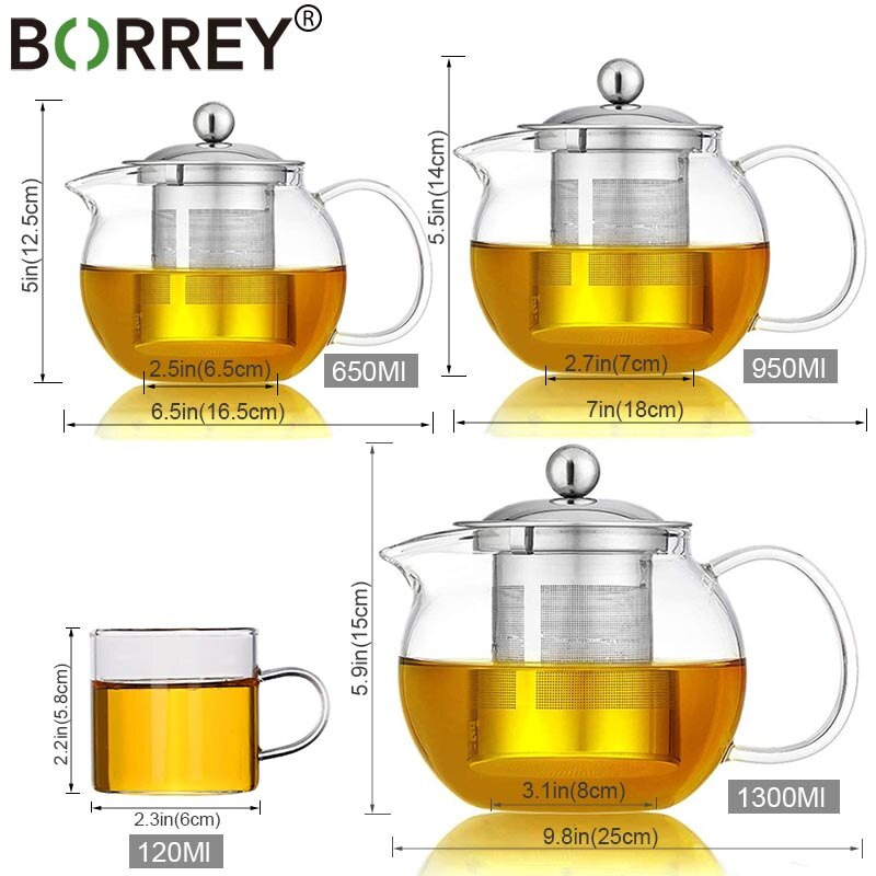 BORREY borosilikatinio stiklo arbatinukas su nuimamu infuziniu filtru karščiui atsparaus stiklinio arbatinuko puodelio rinkinys Flower Puer Oolong arbatos virdulys
