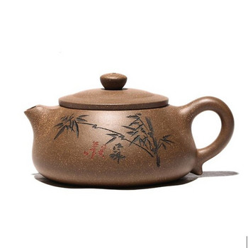 Yixing Bamboo Leaves Pattern Чайник Ръчно изработена лилава глина Каменна лъжичка Чайник Красота Чайник Подаръци за китайска чаена церемония 230 ml