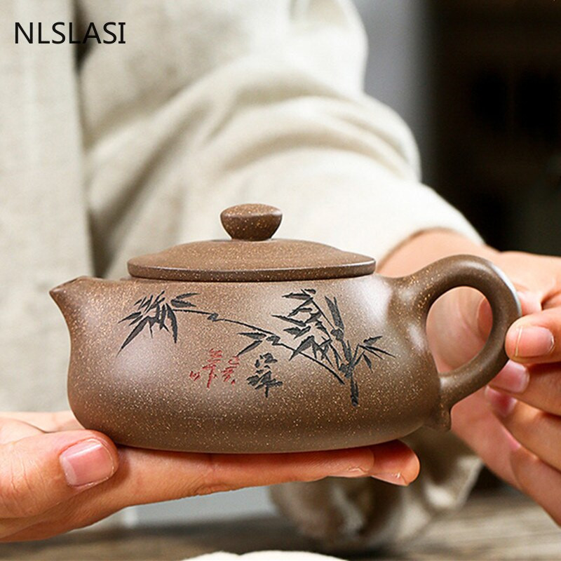 Yixing Bamboo Leaves Pattern Tea Pot Handmade Purple Clay Stone Scoop Teapot Beauty Kettle Κινέζικα Δώρα Τελετής Τσάι 230ml