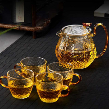 Комплект чаши от стъклени чайници BORREY Топлоустойчив стъклен чайник с филтър за инфузер за чай Златна дръжка Чайник с цветя Oolong Чайник за чай пуер