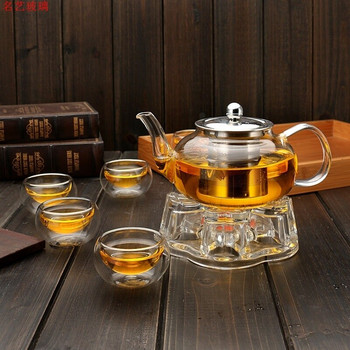 600/800 мл топлоустойчив стъклен чайник Цвете Чаен комплект Чайник Кафе Чайник Комплект съдове и прибори Цедка от неръждаема стомана Чайник