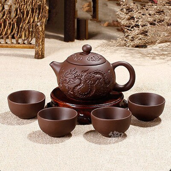 Глина Kung Fu Bule 150 ml Yixing Zisha Bule Китайски порцеланов чай + 4 копия Kung Fu чаша Ръчно изработен керамичен чайник за чай Dragon