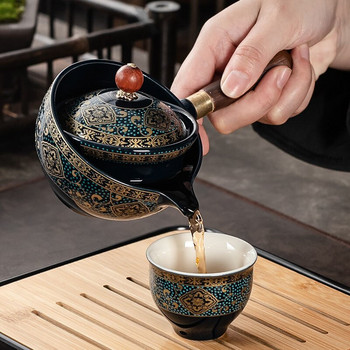 Порцеланов китайски сервиз за чай Gongfu, преносим комплект чайници с 360 въртяща се машина за чай и инфузер, преносима подаръчна торбичка всичко в едно, прибори за чай