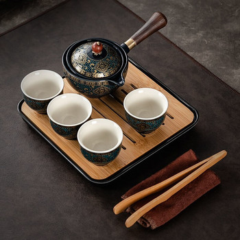 Порцеланов китайски сервиз за чай Gongfu, преносим комплект чайници с 360 въртяща се машина за чай и инфузер, преносима подаръчна торбичка всичко в едно, прибори за чай