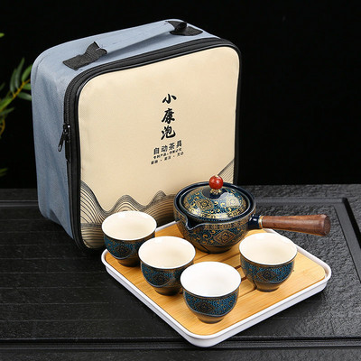 Порцеланов китайски сервиз за чай Gongfu, преносим комплект чайници с 360 въртяща се машина за чай и инфузер, преносима подаръчна торбичка всичко в едно, прибори за чай