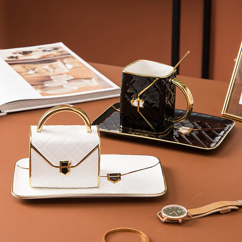 Kreativna pozlaćena torbica u obliku keramičke šalice i tanjurića Izuzetan set šalica za kavu 310 ml French Xicara Cafe Najbolji dar za žene