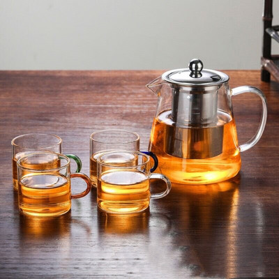 Υψηλής ποιότητας γυάλινη τσαγιέρα ανθεκτική στη θερμότητα με έγχυση από ανοξείδωτο χάλυβα Δοχείο τσαγιού Gold Clear Kettle Droshipping