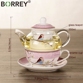 BORREY Саксия за чай с цветя Керамична чаша за чай Чинийка Топлоустойчива стъклена кана за чай Филтър Порцеланова чаша за кафе Чаша за следобеден чай Комплект