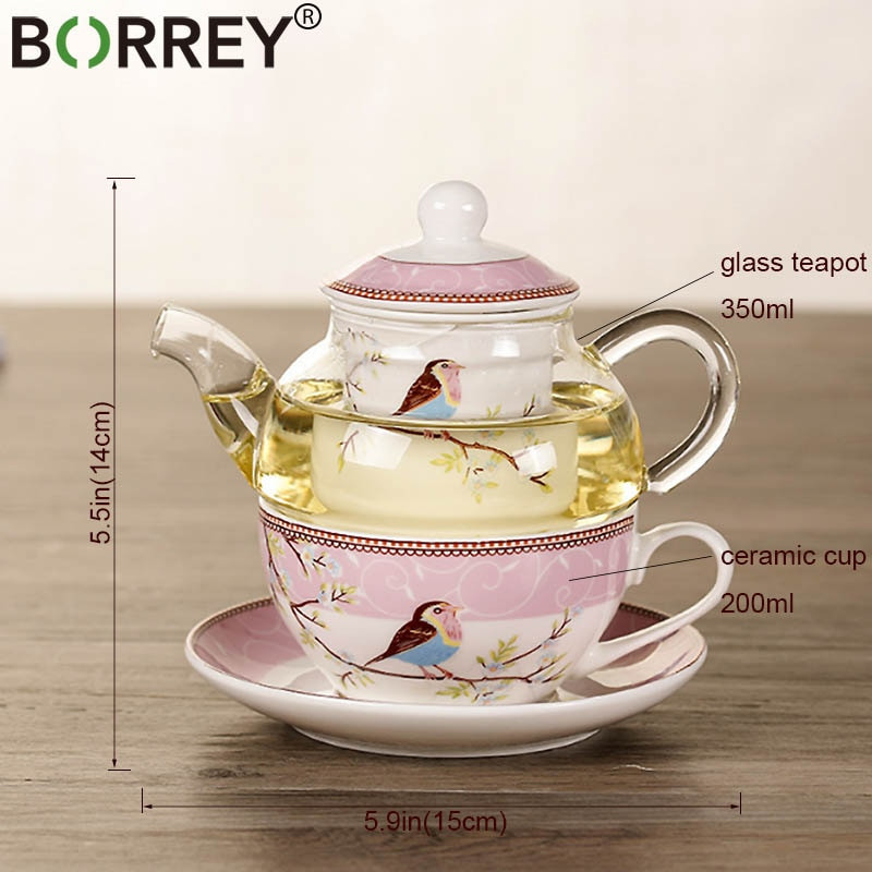 BORREY virágos teáskanna kerámia teáscsésze csészealj hőálló üveg teáskanna szűrő porcelán irodai kávés csésze bögre délutáni teáskészlet
