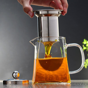 Τετράγωνο, ανθεκτικό στη θερμότητα, γυάλινη τσαγιέρα με φίλτρο έγχυσης από ανοξείδωτο χάλυβα Puer Tea Bot Clear Glass Tea Pot Cup Σετ τσαγιού