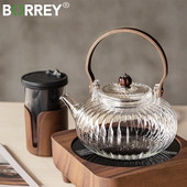 Ceainic din sticlă BORREY, 920 ml, cu filtru detașabil, mâner din lemn, în condiții de siguranță pentru plită, ceainic din sticlă borosilicată, ceainic de cafea.