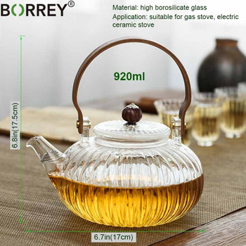 BORREY 920ML Стъклен чайник със свалящ се филтър Дървена дръжка Безопасен за котлон Чайник от боросиликатно стъкло Кана за кафе Чайник