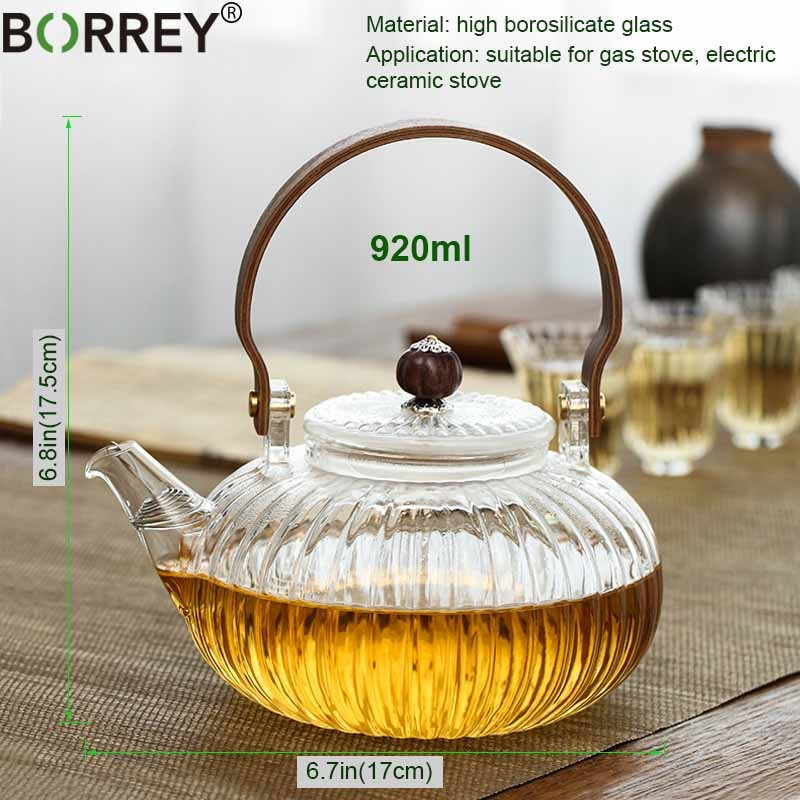 Ceainic din sticlă BORREY, 920 ml, cu filtru detașabil, mâner din lemn, în condiții de siguranță pentru plită, ceainic din sticlă borosilicată, ceainic de cafea.