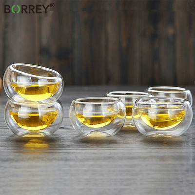 BORREY 6 vnt Arbatos puodelių rinkinys Dvisienis karščiui atsparus stiklinis puodelis Kung Fu arbatos rinkinys skaidraus krištolo stiklo arbatos puodelis Puer Oolong arbatos puodelis 50 ml