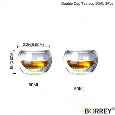 BORREY 6Pcs Σετ φλιτζάνι τσαγιού Διπλού τοίχου, ανθεκτικό στη θερμότητα Γυάλινο Κύπελλο Κουνγκ Φου Σετ τσαγιού Clear Crystal Glass Φλιτζάνι τσαγιού Puer Oolong 50Ml