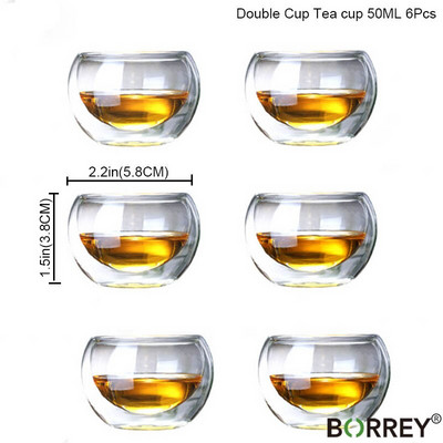 BORREY 6Pcs Σετ φλιτζάνι τσαγιού Διπλού τοίχου, ανθεκτικό στη θερμότητα Γυάλινο Κύπελλο Κουνγκ Φου Σετ τσαγιού Clear Crystal Glass Φλιτζάνι τσαγιού Puer Oolong 50Ml
