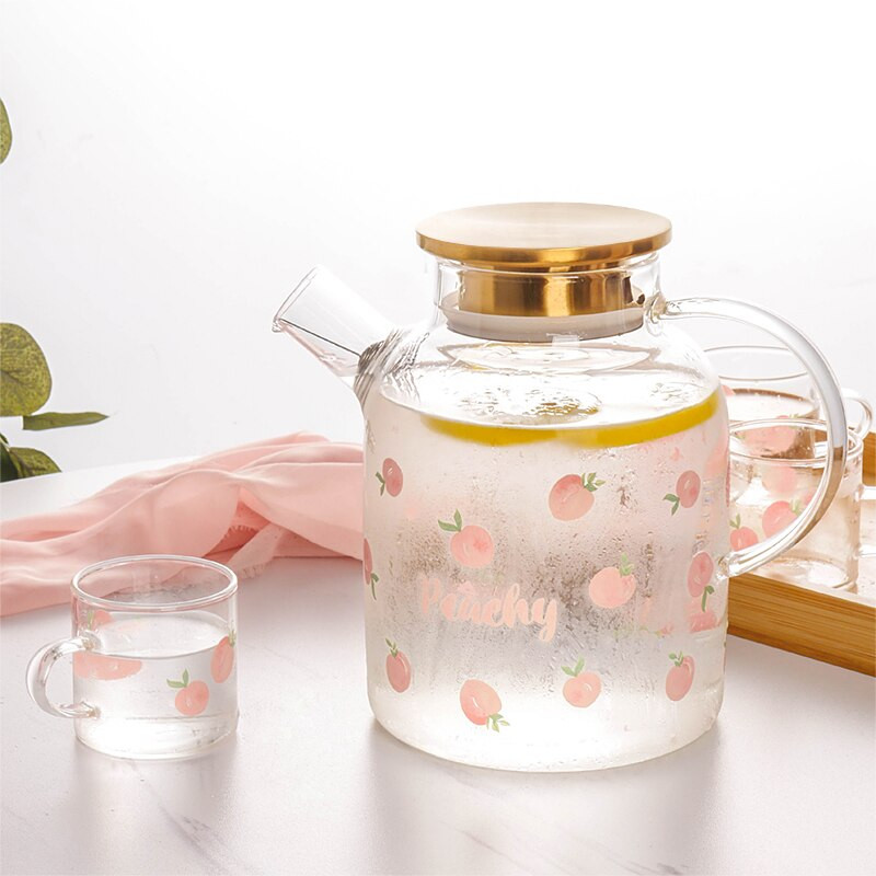 Kawaii őszibarack üvegkancsó hideg vízforraló készlet nagy kapacitású gyümölcslé üveg vízforraló hőálló üveg teáskanna otthoni teafőző bögre