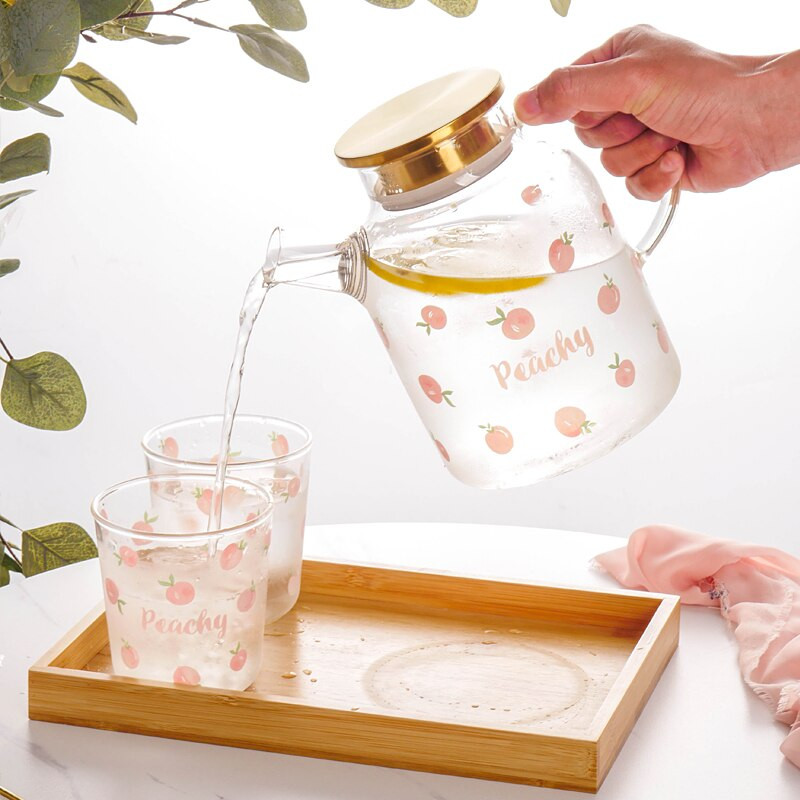 Kawaii őszibarack üvegkancsó hideg vízforraló készlet nagy kapacitású gyümölcslé üveg vízforraló hőálló üveg teáskanna otthoni teafőző bögre