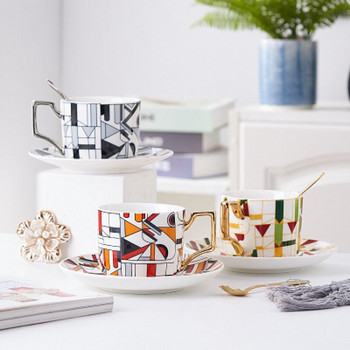Европейски стил, светла, луксозна геометрия, цветна керамична чаша за кафе с лъжица, подарък за домакинско кафене